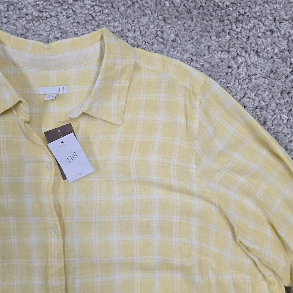 J Jill Womens Plaid Button‎ Up Shirt Yellow White Roll Tab Size 2X Coastal - Picture 3 of 11